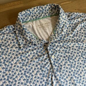 Maelreg‎ Men's XL White Blue Palm Tree Print Short Sleeve Performance Polo Shirt